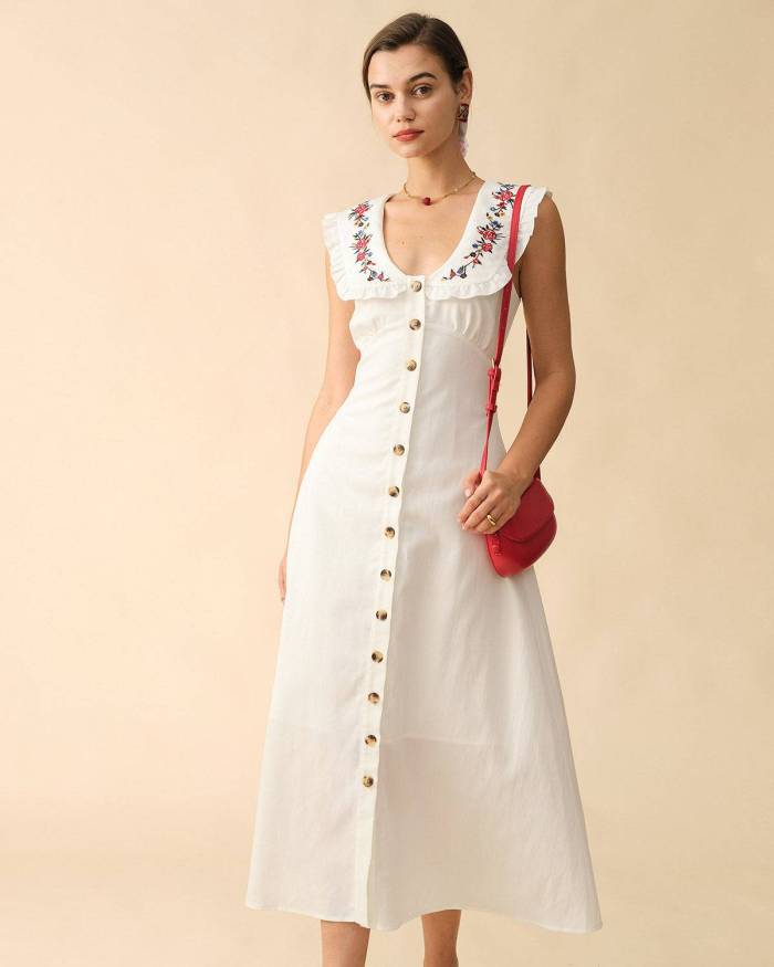 The Lapel Embroidered Single-Breasted Maxi Dress