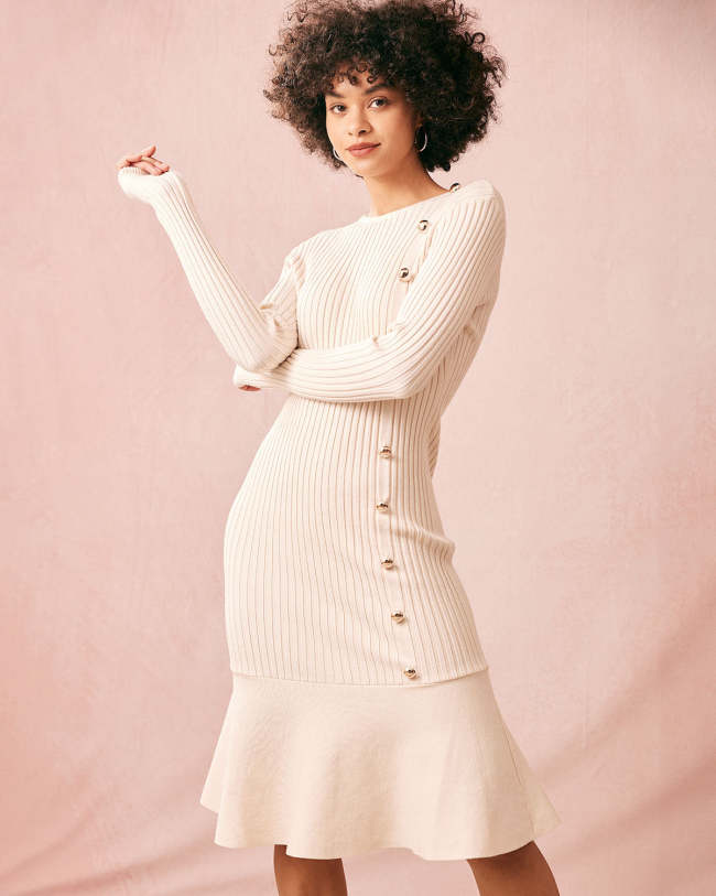 The Beige Knitted Long Sleeve Bodycon Midi Dress