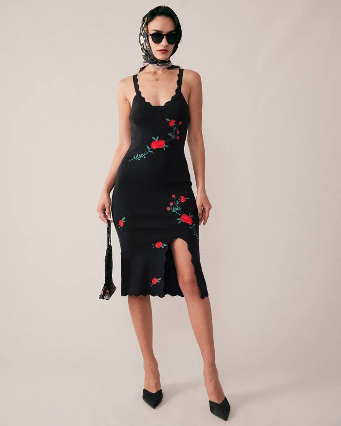 The Rose Embroidery Slit Midi Dress
