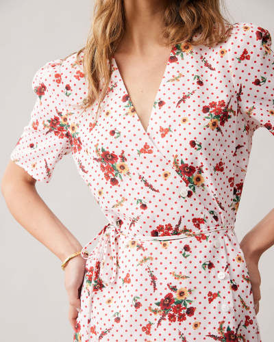 The Red V Neck Floral Print Wrap Midi Dress