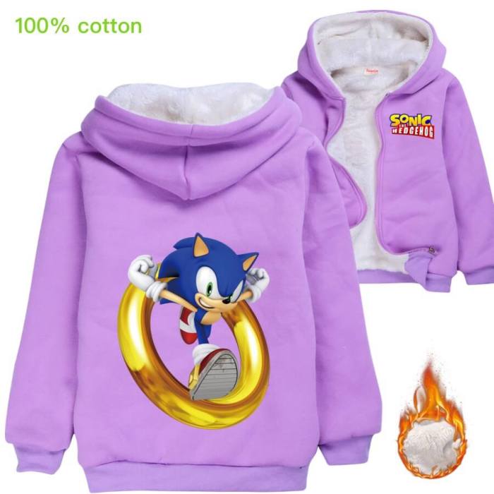 Sonic The Hedgehog Print Girls Boys Fleece Lined Cotton Hooded Jacket
