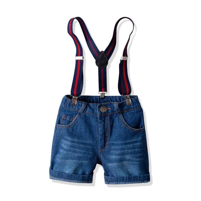 Baby Boys Short Sleeve Shirt With Bowtie Suspender Short Jeans Suits
