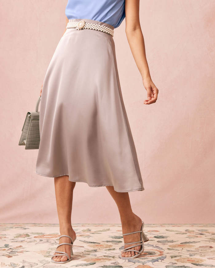 The Grey High Waisted Satin A-Line Skirt