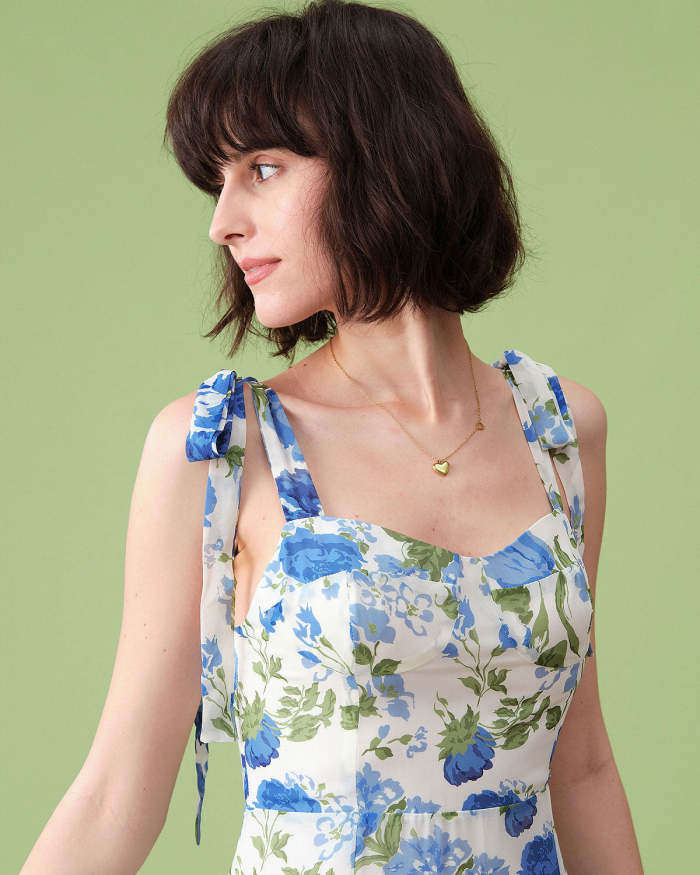 The Sweetheart Neck Tie Shoulder Floral Midi Dress