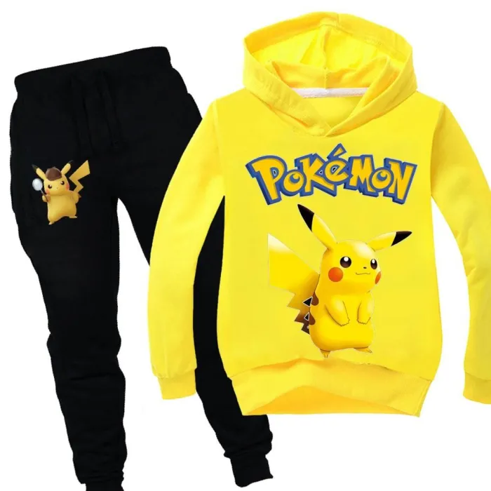 Pokemon Pikachu Print Girls Boys Multicolor Cotton Hoodie N Sweatpants
