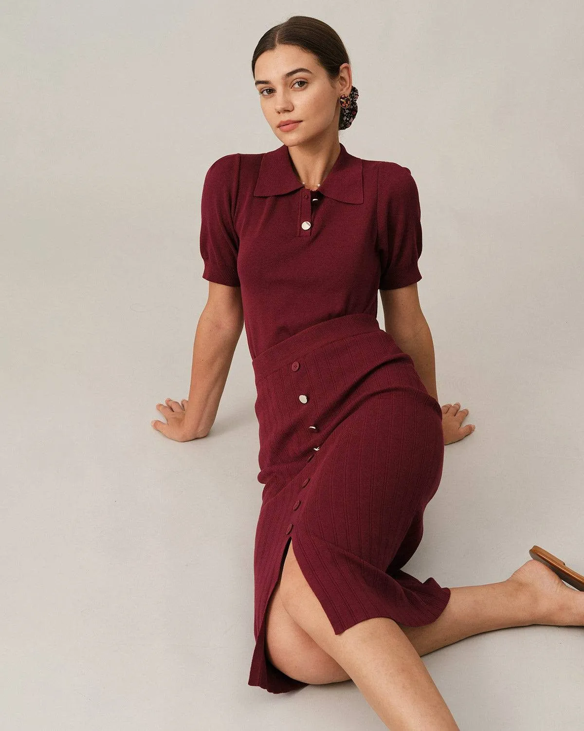 Knit polo top with pleated midi skirt