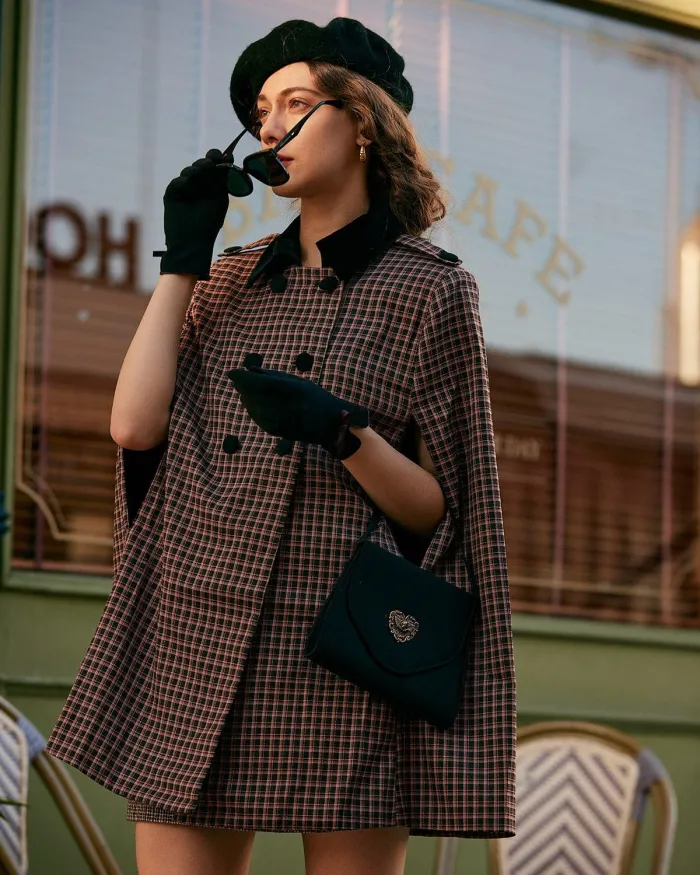 The Double-Breasted Plaid Cape Coat
