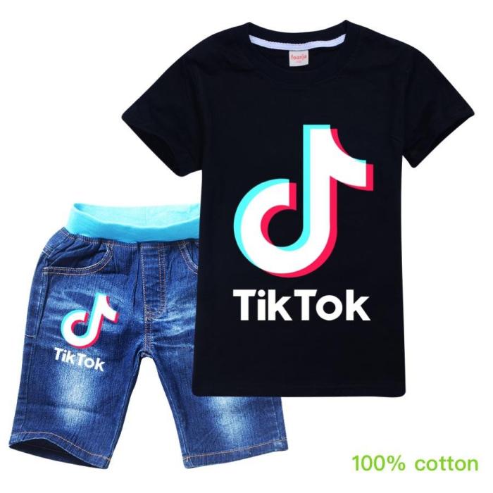 Girls Boys Tiktok Print Cotton T Shirt And Jean Shorts Set