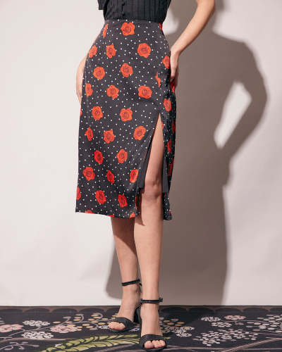 The High Waisted Floral Slit Midi Skirt