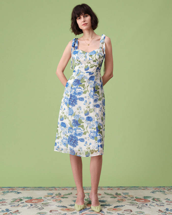 The Sweetheart Neck Tie Shoulder Floral Midi Dress