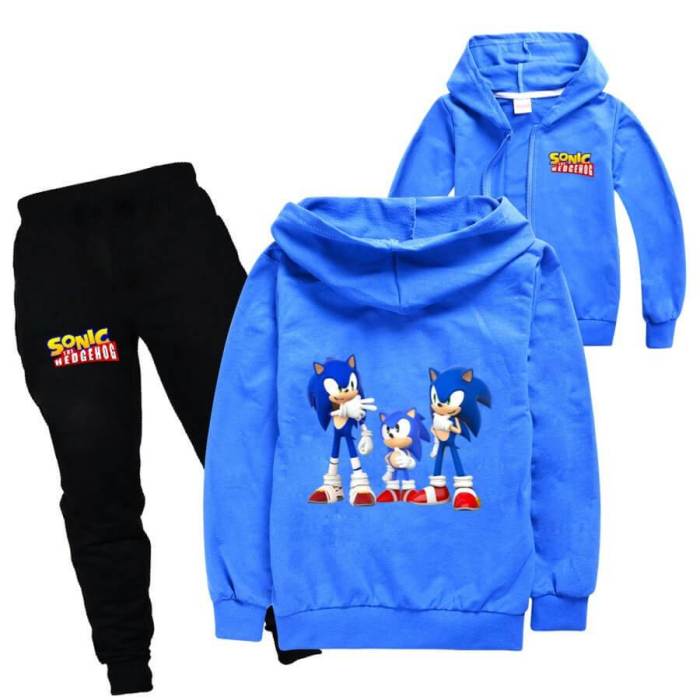 Sonic The Hedgehog Print Girls Boys Cotton Zip Hoodie Sweatpants Set