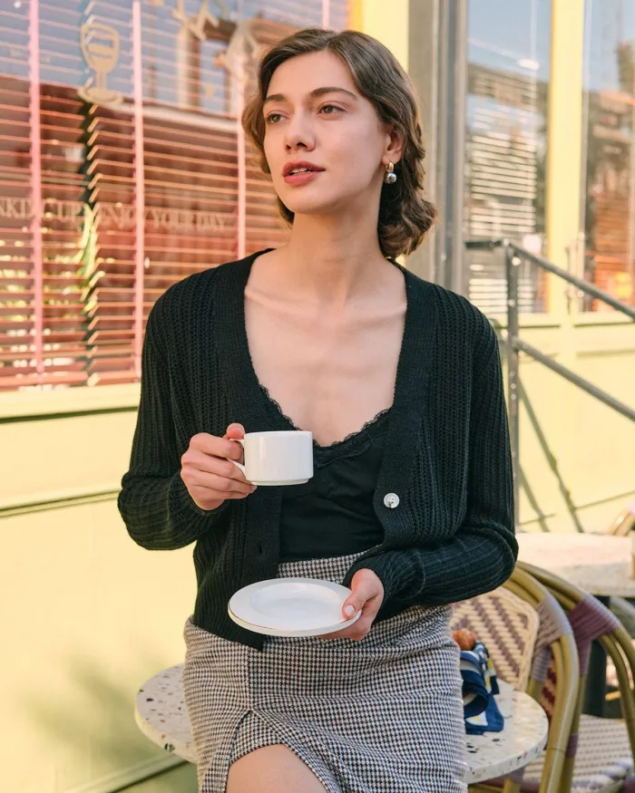 The Solid V Neck Ribbed Knit Cardigan