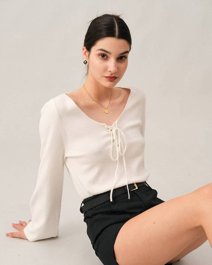 The V Neck Front Tie Long Sleeve Blouse