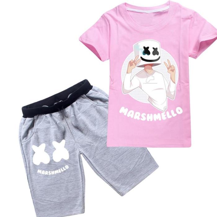 Yeah Dj Marshmello Print Boys Girls Cotton T Shirt N Grey Shorts Suit