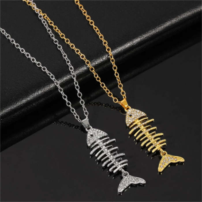 2Pcs/Set Fish Bone With Crystal Pendant Necklaces