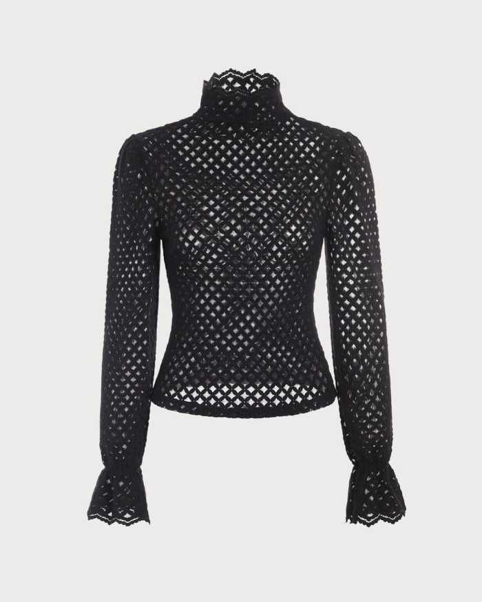 The Black Solid Mock Neck See-Through Knit Top
