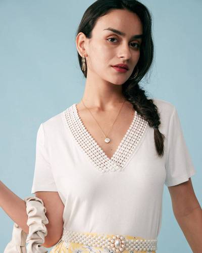 The Lace Neck Solid T-Shirt