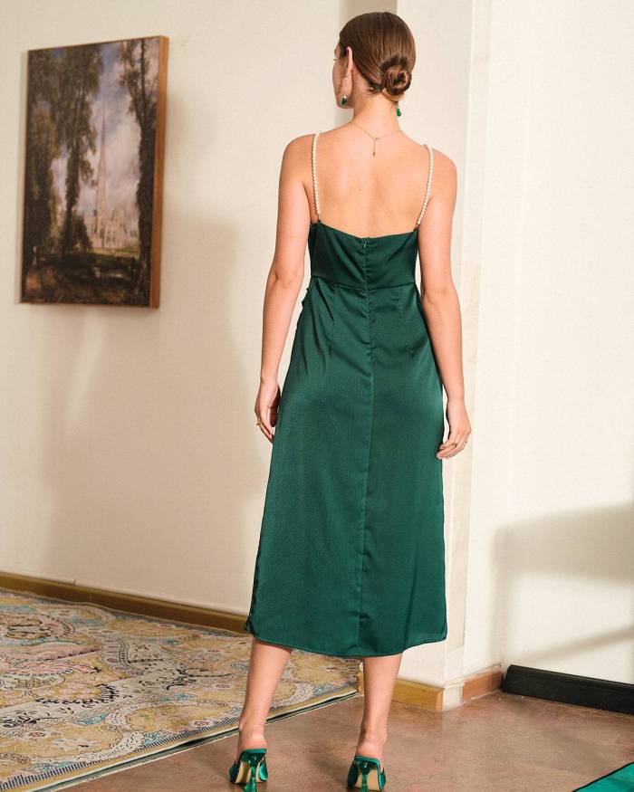 The Dark Green Pearl Strap Side Slit Midi Dress