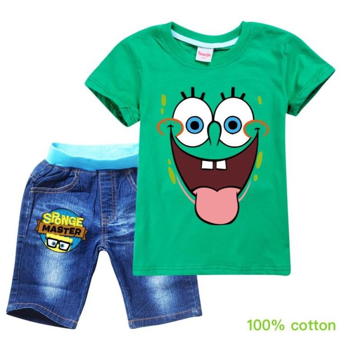 Spongebob Print Girls Boys Cotton T Shirt And Denim Shorts Set