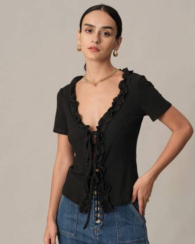 The V Neck Open Front Tie Ruffle Tee