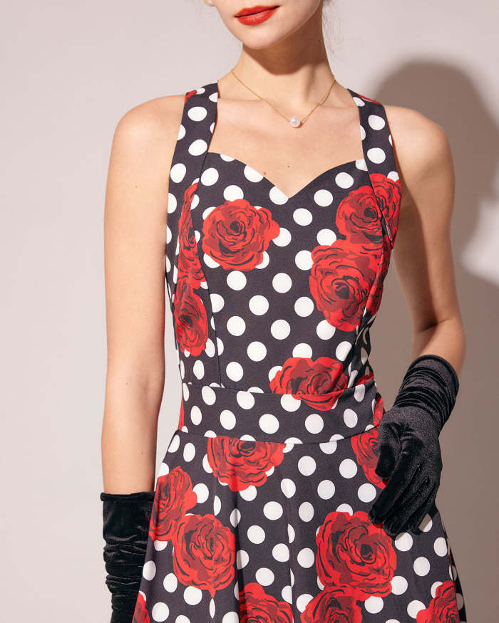 The Sweetheart Neck Polka Dot Rose Halter Midi Dress