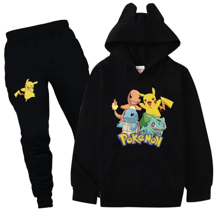 Pokemon Pikachu Print Girls Boys Cotton Hoodie And Pants Tracksuit