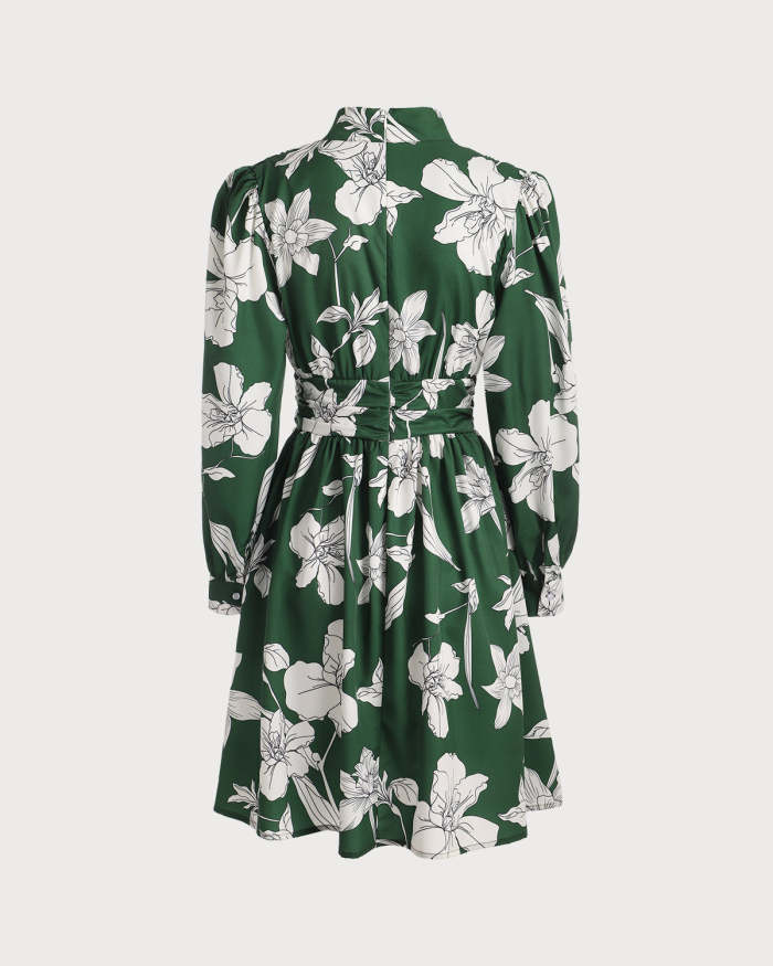 The Green Mock Neck Floral Long Sleeve Mini Dress