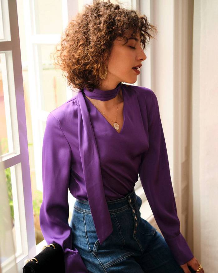 The Solid Satin Tie Neck Blouse