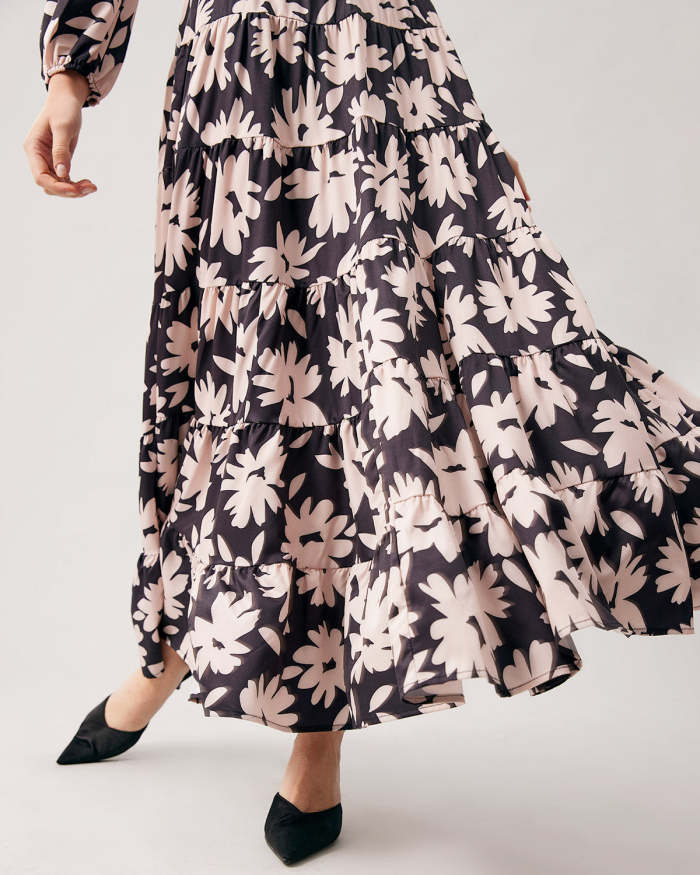 The V Neck Floral Tiered Long Sleeve Maxi Dress