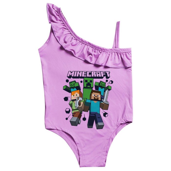 Girls Minecraft Print One Shoulder One Piece Ruffle Swimsuit