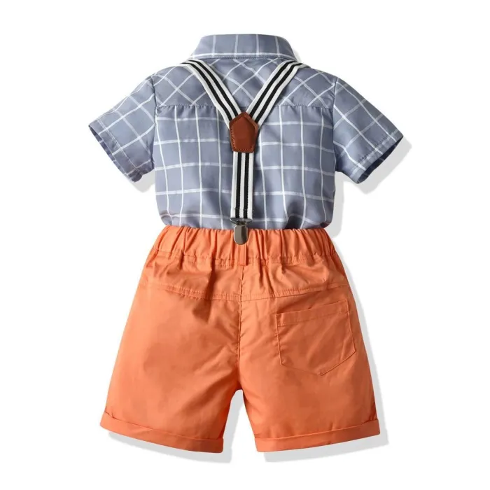 Baby Boys Light Blue Shirt With Bowtie Suspender Shorts 4-Set Suits