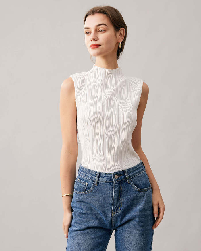 The White Mock Neck Water Ripple Textured Tank Top