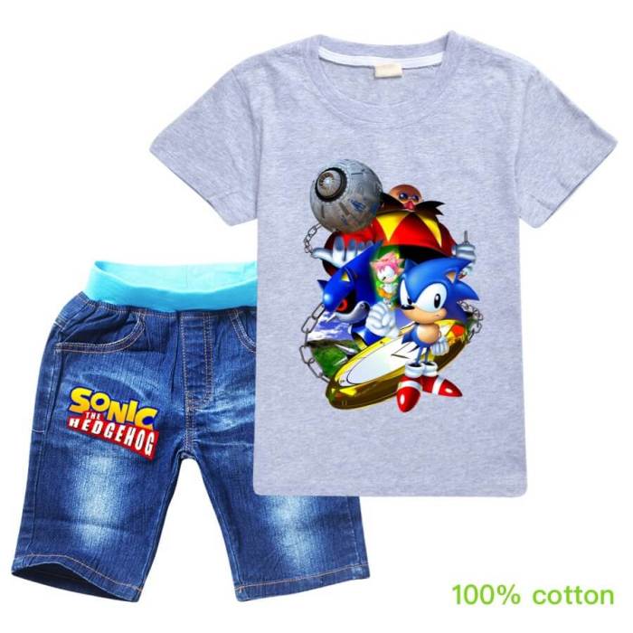 Girls Boys Sonic The Hedgehog Print Cotton T Shirt And Jean Shorts Set