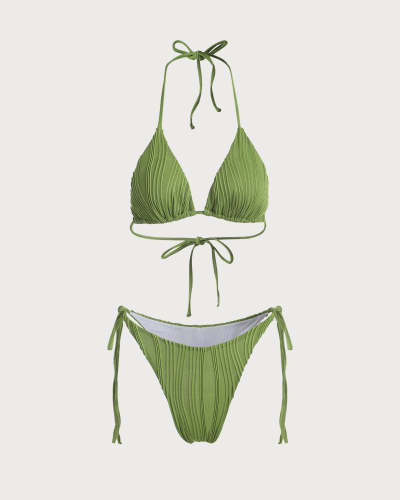 The Green V Neck Textured Halter Bikini Set