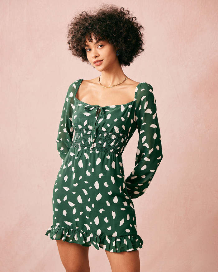 The Green Square Neck Long Sleeve Mini Dress