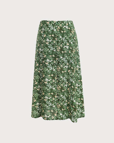 The Green High Waisted Floral Midi Skirt