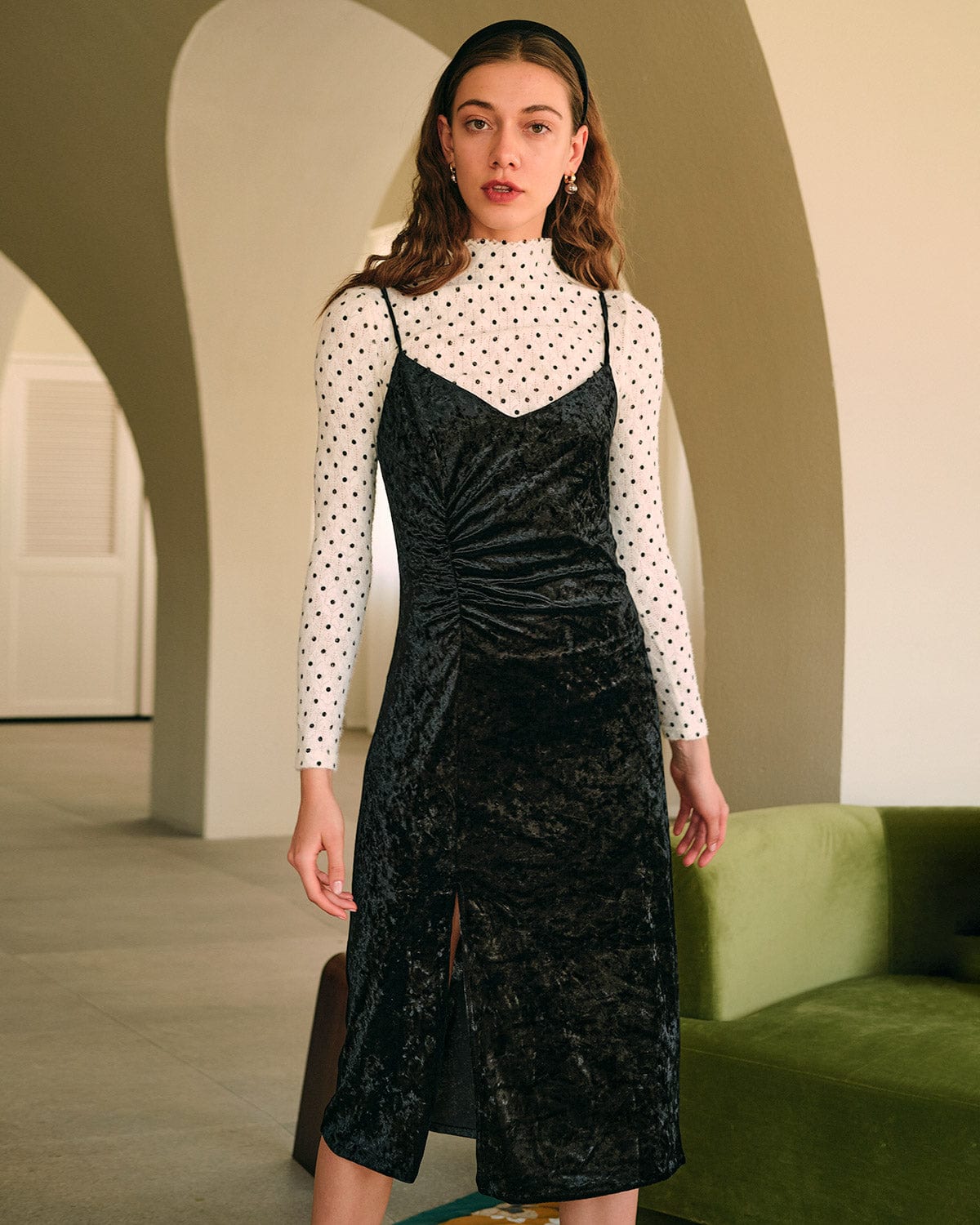 Velvet Ruched Slit Midi Dress main image 1
