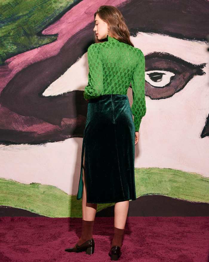 The Green High Waisted Slit Velvet Midi Skirt
