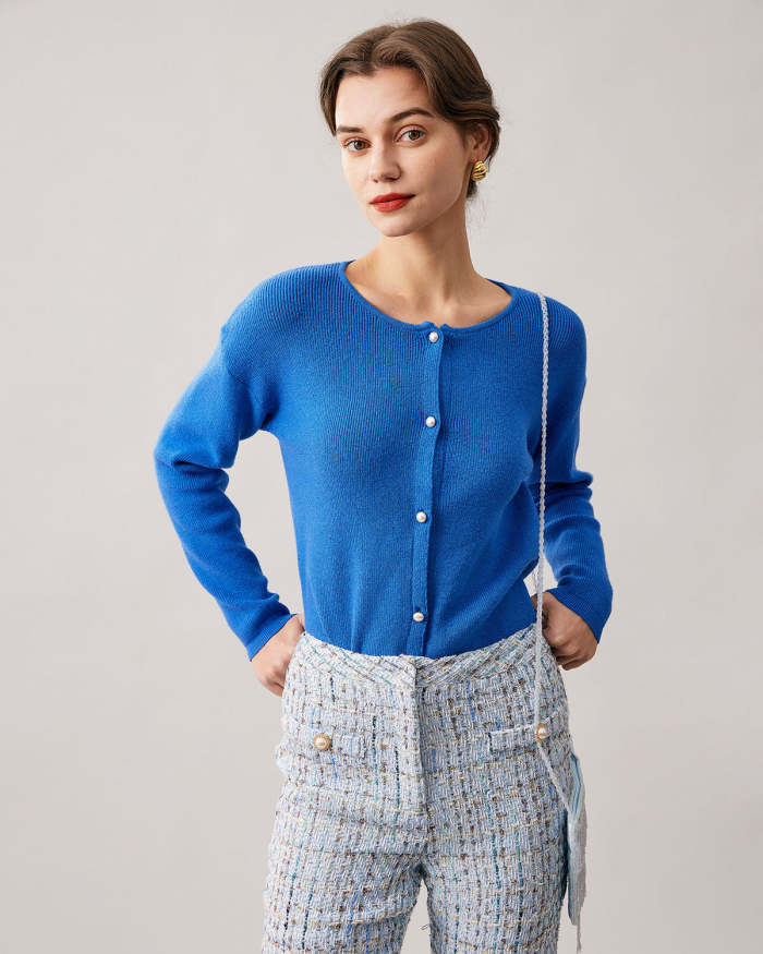 The Blue Round Neck Button Up Knit Cardigan