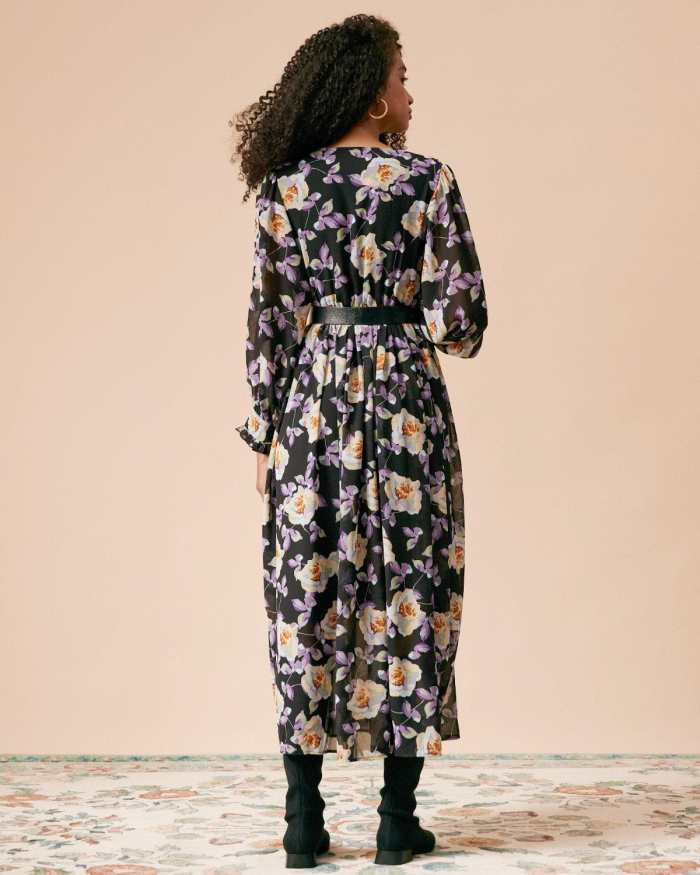 The V Neck Ruffle Floral Long Sleeve Maxi Dress