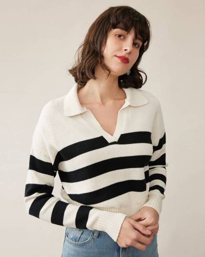 The Stripe Notched Collar Sweater