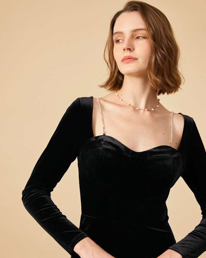 The Rhinestone Chain Long Sleeve Velvet Maxi Dress