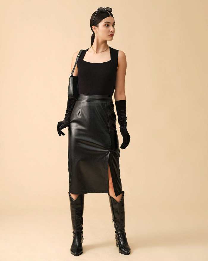 The Black Pu Leather Side Slit Skirt