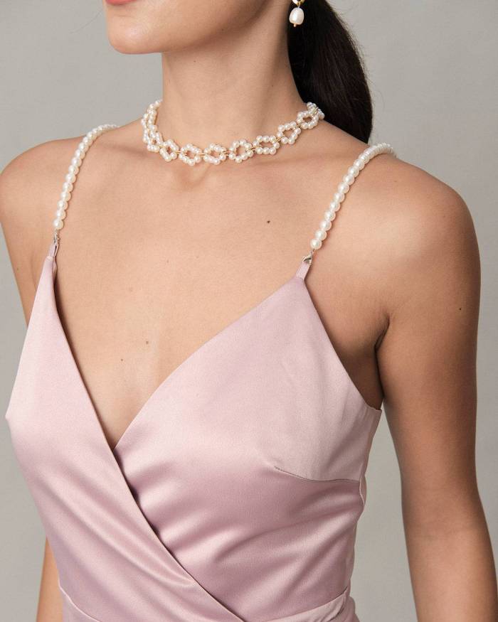 The Satin Pearl Straps Wrap Midi Dress