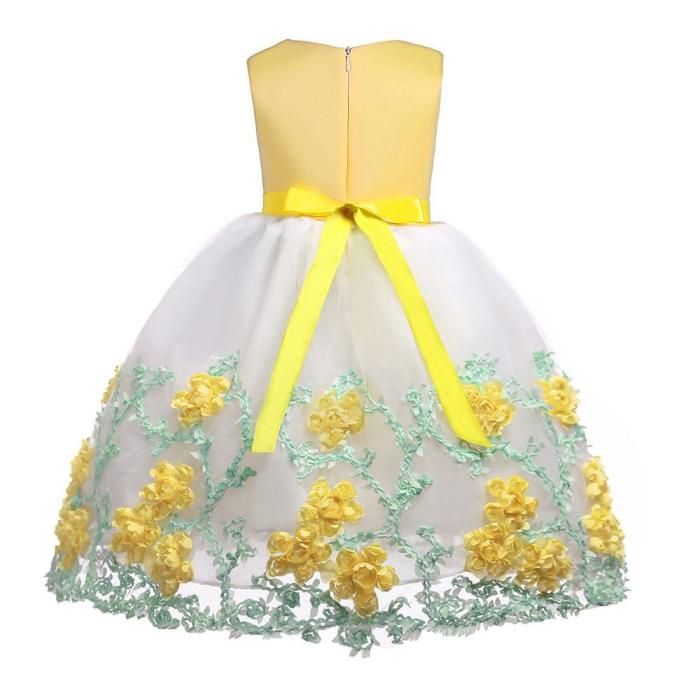 Yellow Flower Girls Pearl Necklace Tulle Bowknot Princess Gown Dress