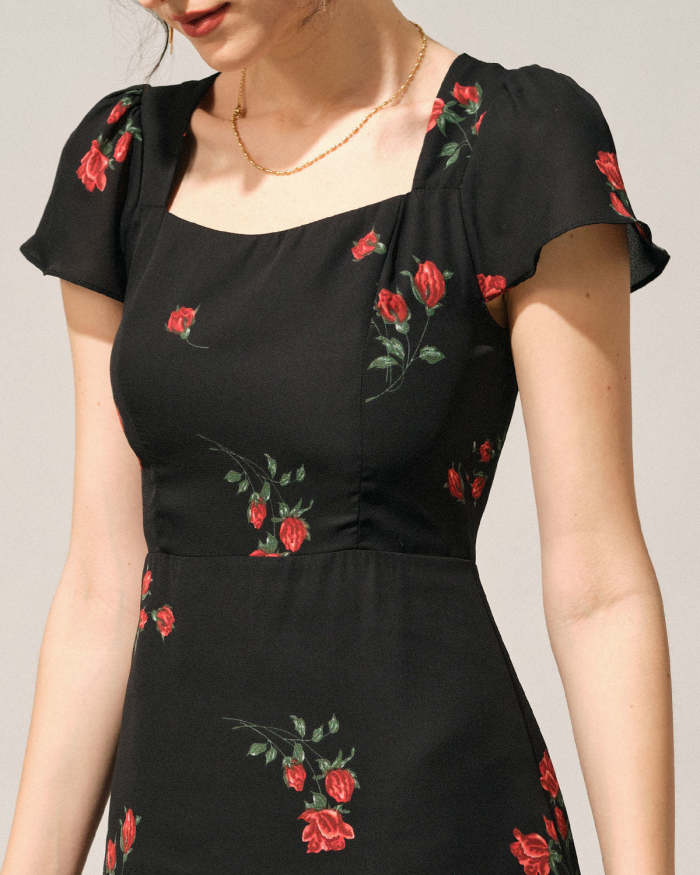 The Black Square Neck Backless Floral Midi Dress