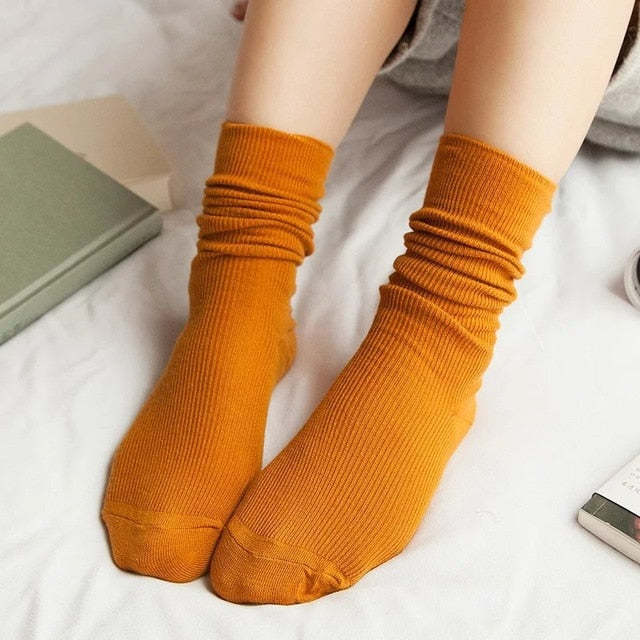 Loose Solid Colors Double Needles Knitting Cotton Long Socks