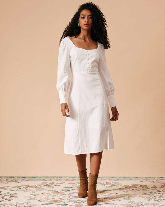 The White Solid Slit Long Sleeve Midi Dress