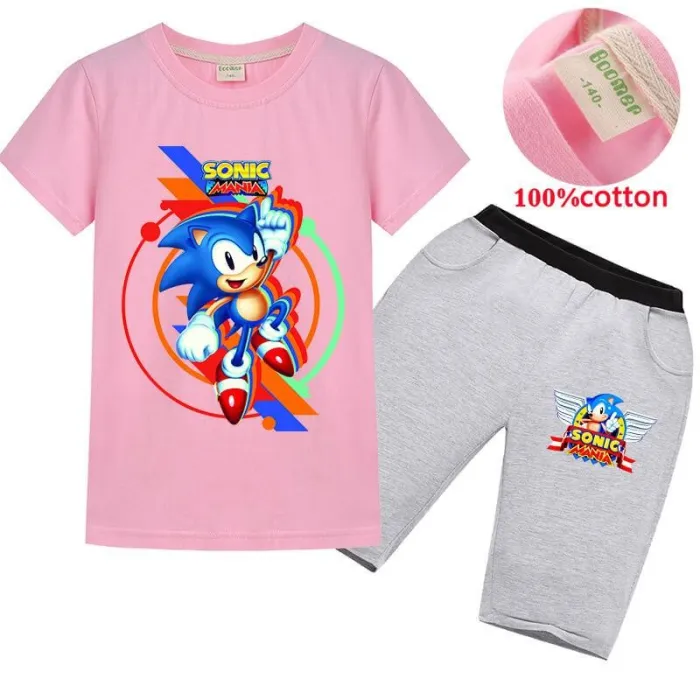 Sonic Mania Print Girls Boys Cotton T Shirt And Shorts Outfit Sets