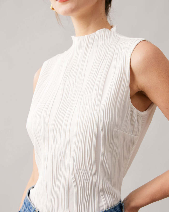 The White Mock Neck Water Ripple Textured Tank Top